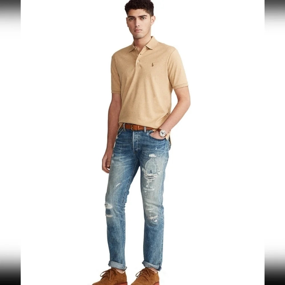 Ralph Lauren Men's Polo Dune Tan Custom Slim Fit Short Sleeves Shirt Size Medium